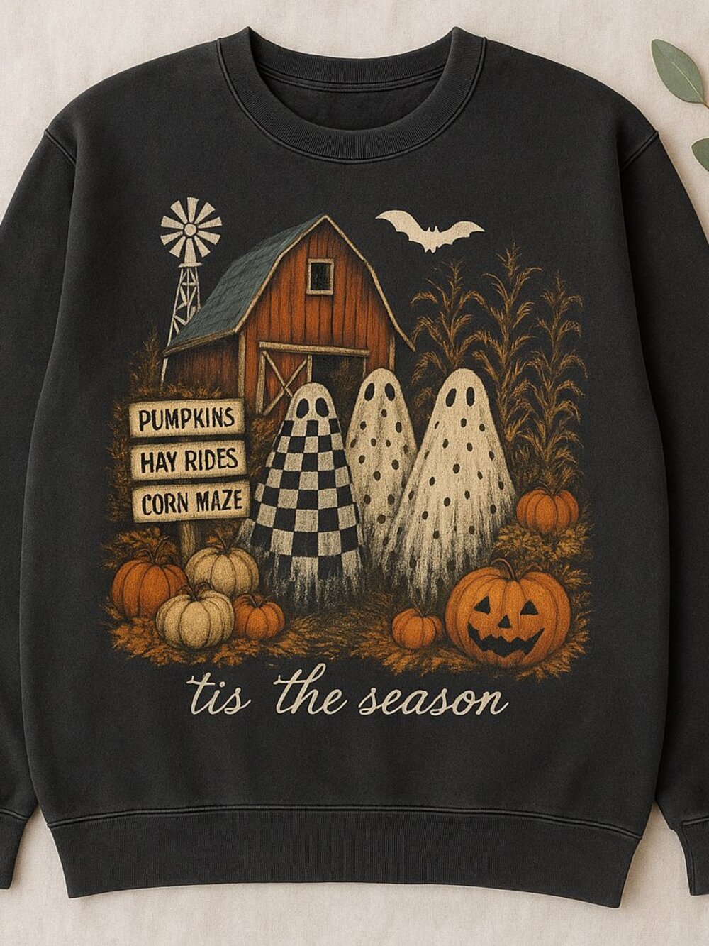 Tis The Season Ghost Trio Pumpkin Patch Vintage Halloween Sweatshirt Black